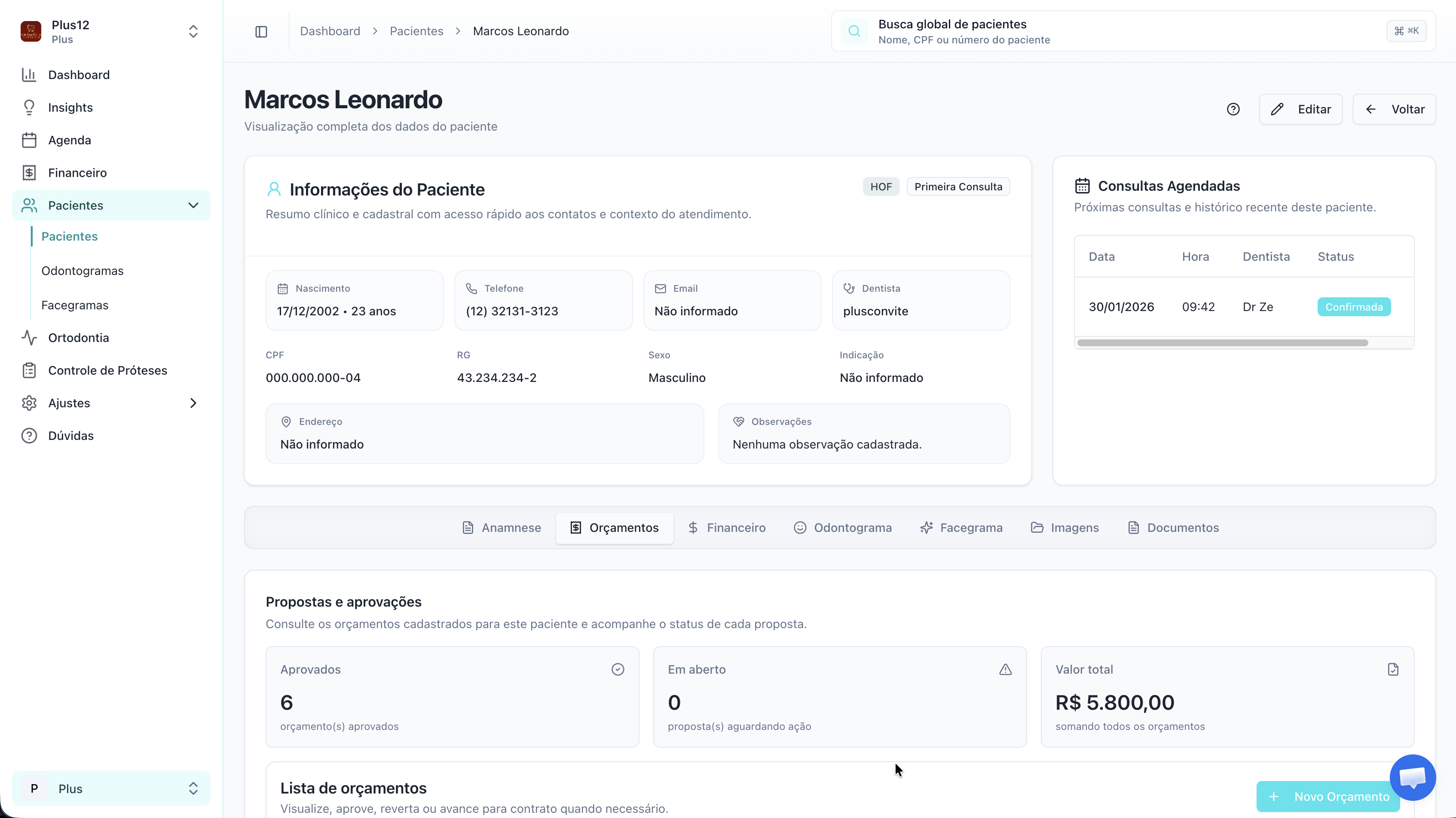 Prontuário completo do paciente no Denvio Gestão